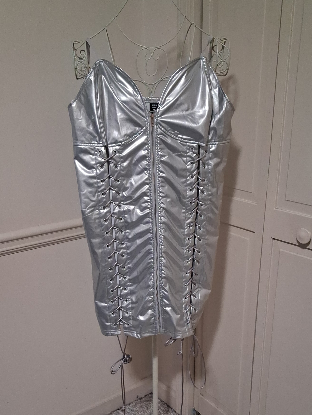 SHEIN Silver Metallic Lace-Up Corset Mini Dress